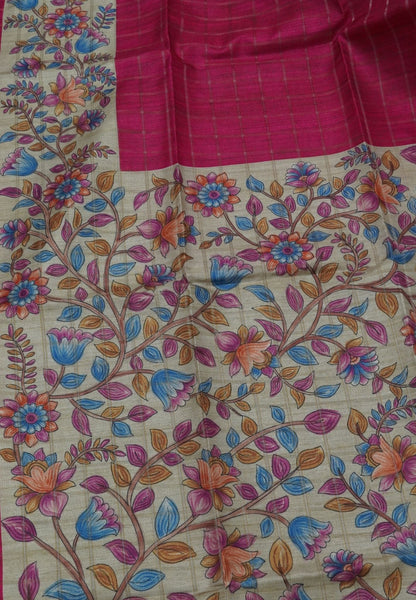 Semi Tussar Saree-Dark Pink