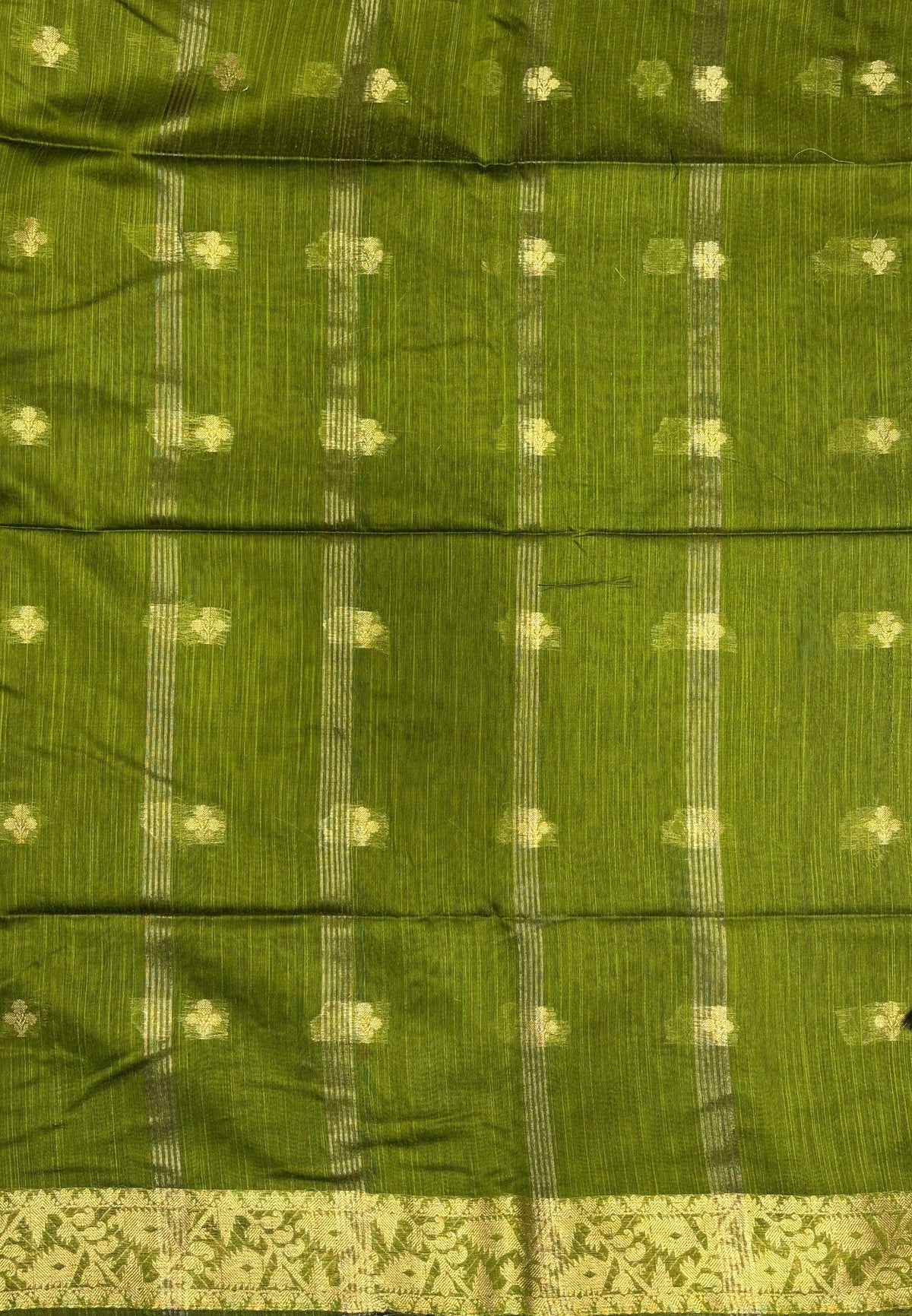 Handloom Silk Cotton Saree-Olive Green In Floral Butta Brocade Border