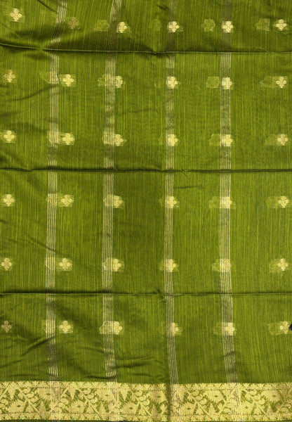 Handloom Silk Cotton Saree-Olive Green In Floral Butta Brocade Border