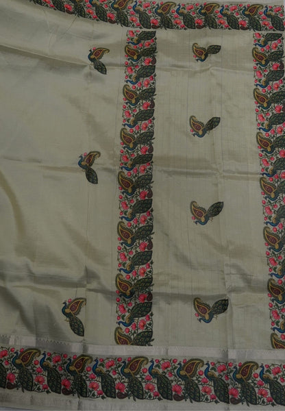 Pure Mangalgiri Silk Saree-Elachi Green in Tanjore Print with Retapet Border