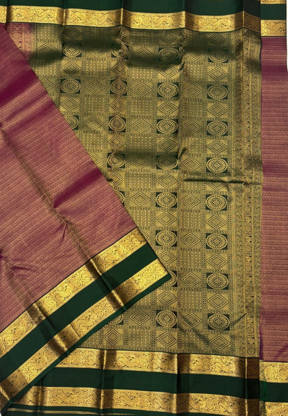 Pure Kanchipuram Silk Saree- Traditional Wine Green with Contrast Border