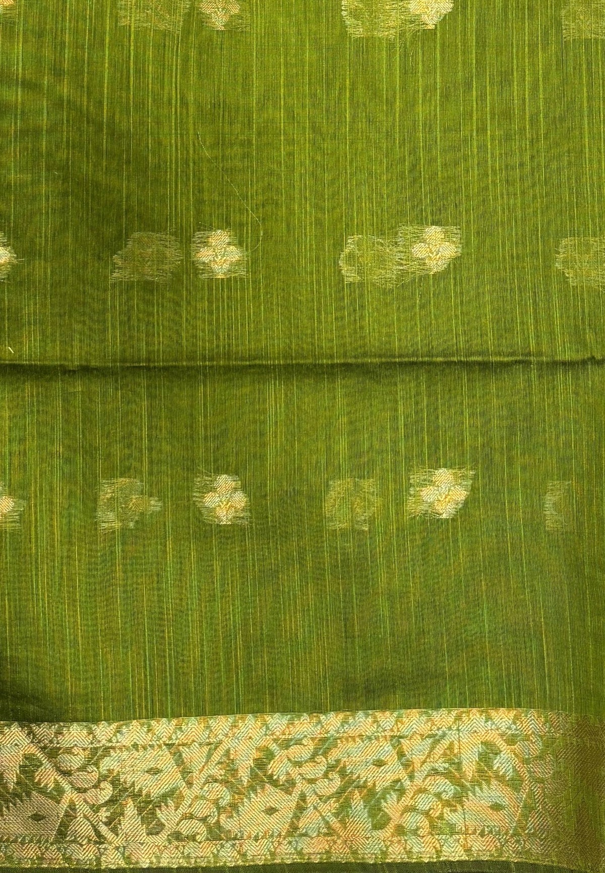 Handloom Silk Cotton Saree-Olive Green In Floral Butta Brocade Border
