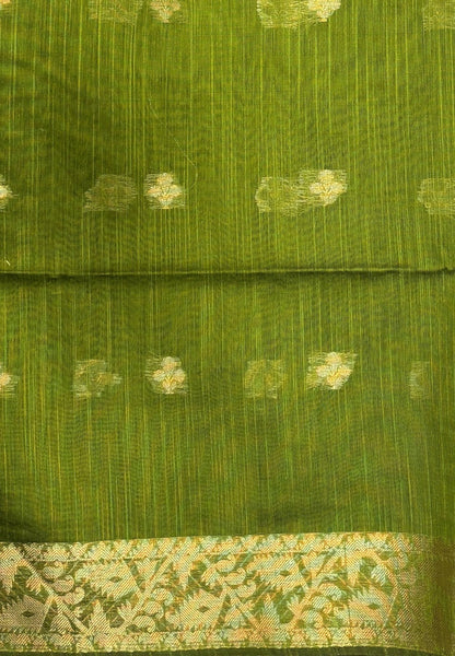 Handloom Silk Cotton Saree-Olive Green In Floral Butta Brocade Border