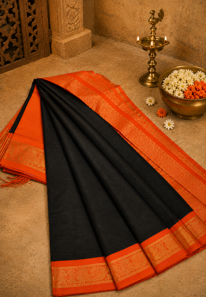 Pure Silk Cotton Saree- Black with Orange in Vairaoosi