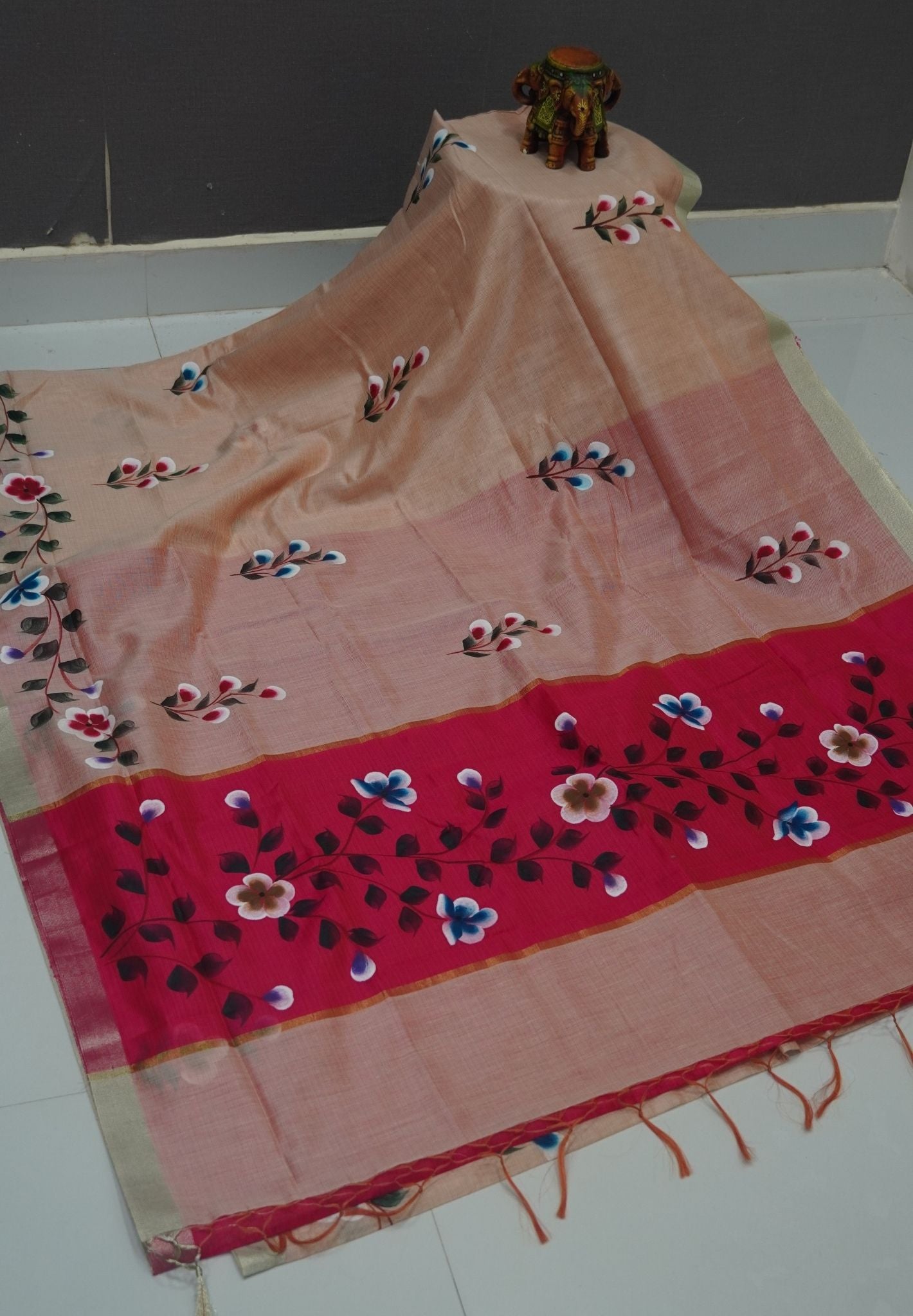 Cora Linen Saree-Sandal with Hand Painted Floral Motifs