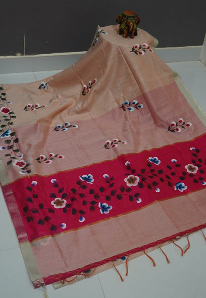 Cora Linen Saree-Sandal with Hand Painted Floral Motifs