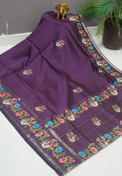 Pure Mangalgiri Silk Saree-Dark Purple in Tanjore Print with Retapet Border