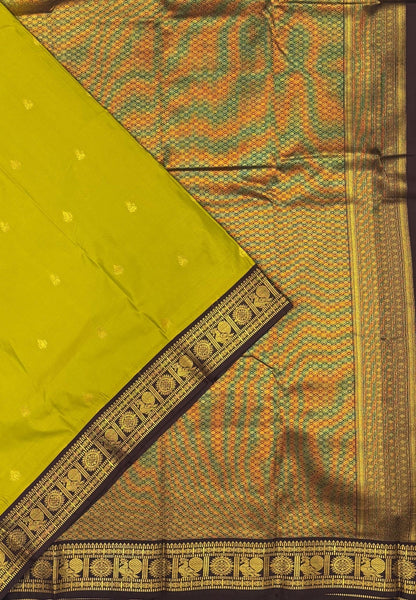 Budget Kanchipuram Saree-Mehandi Green In Mayil Chakram With Contrast Border