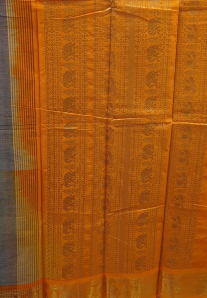 Chettinad Cotton Saree–Grey with Elephant Zari Border