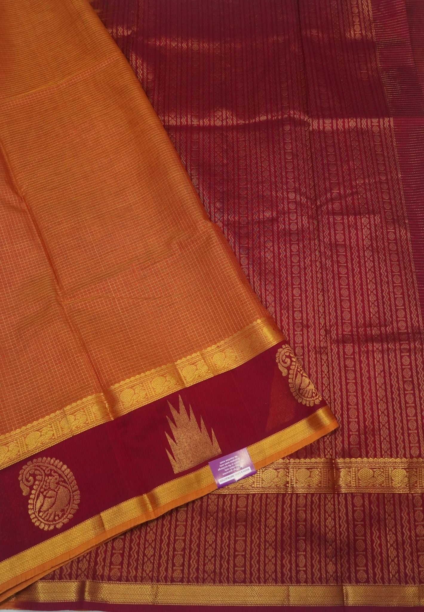 Pure Silk Cotton Saree-Burnt Orange in Thazhampoo Pattern with Contrast Border