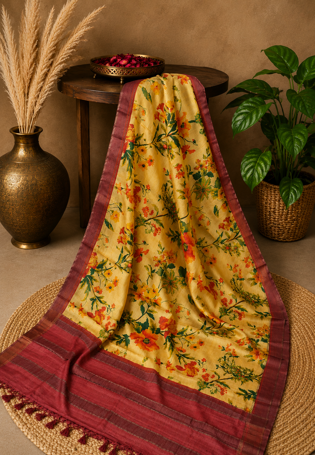 Desi Tussar Silk Saree- Yellow Floral Pattern