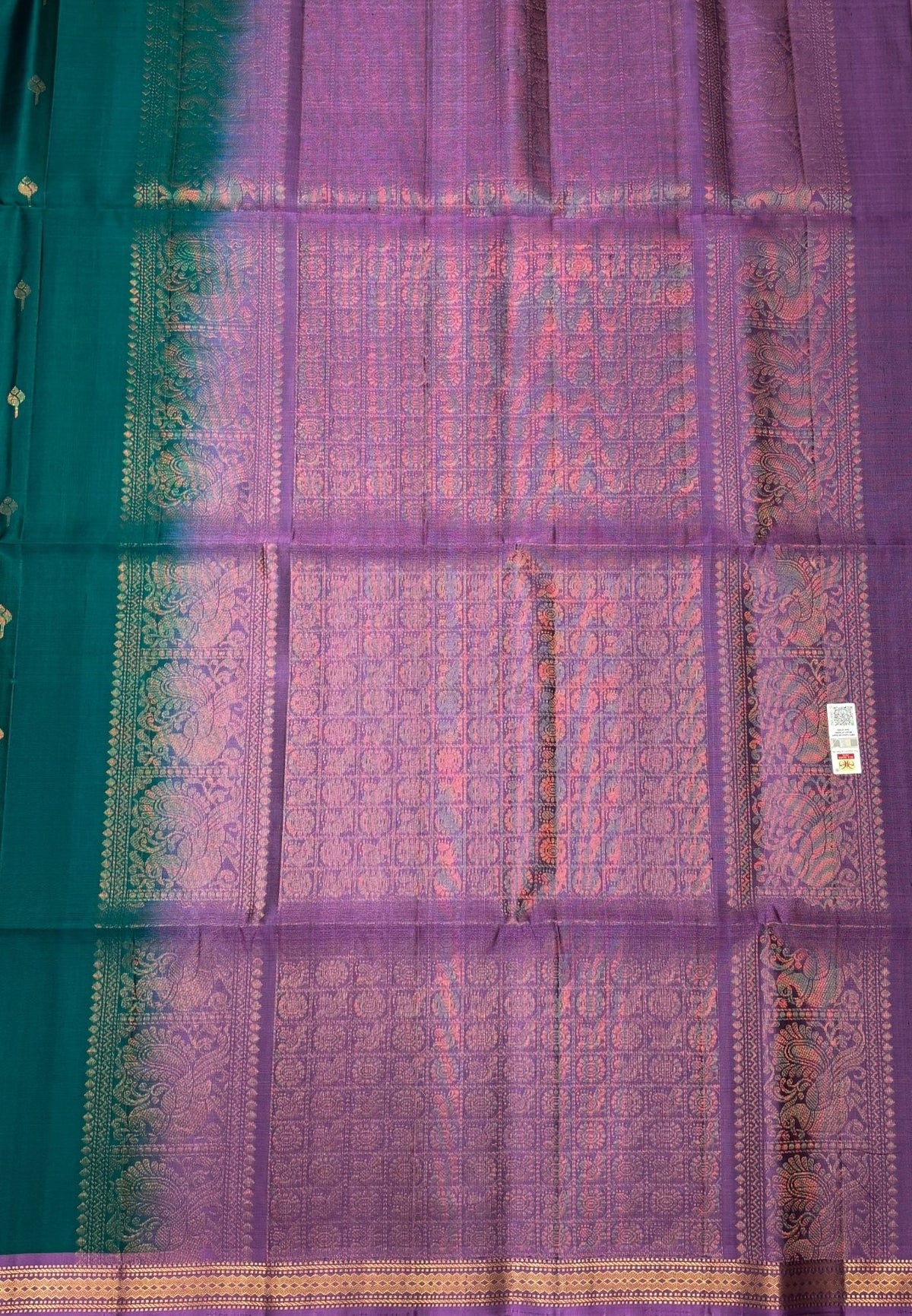 Pure Kanchipuram Silk Saree-Peacock Green in Traditional Floral Vine Zari Border