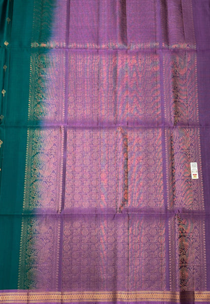 Pure Kanchipuram Silk Saree-Peacock Green in Traditional Floral Vine Zari Border