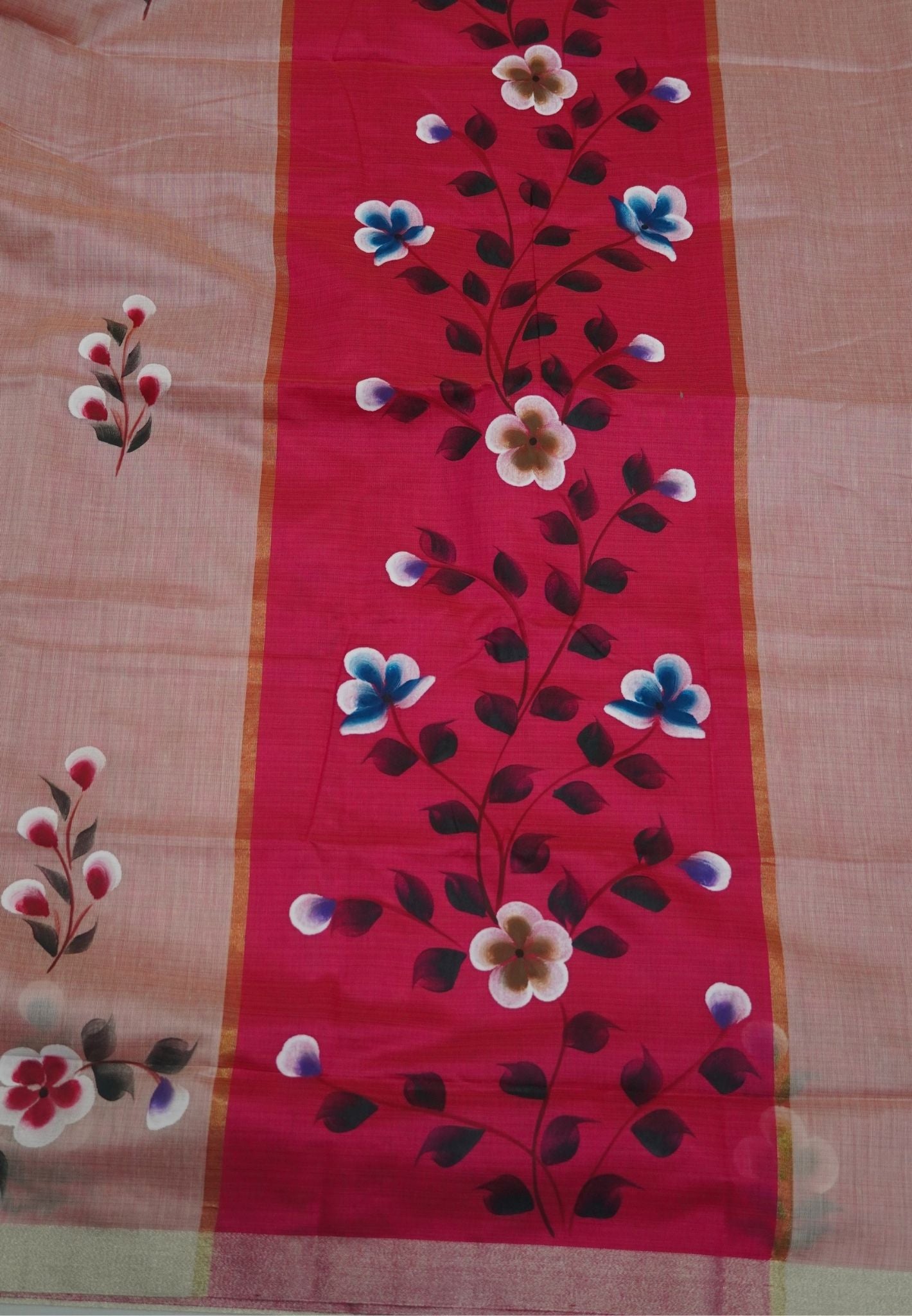 Cora Linen Saree-Sandal with Hand Painted Floral Motifs