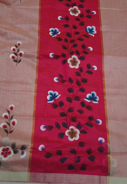 Cora Linen Saree-Sandal with Hand Painted Floral Motifs