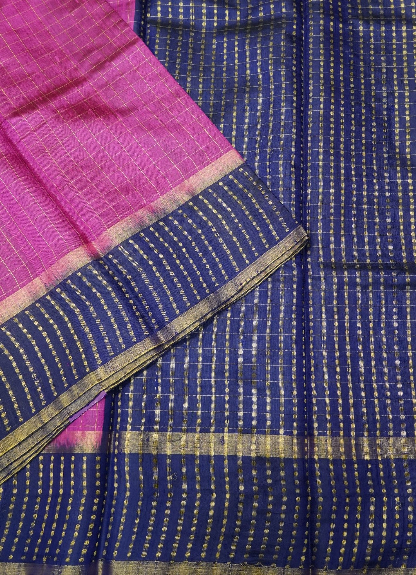 Pure Dupion Silk Saree Checks - Pink with Navy Blue border
