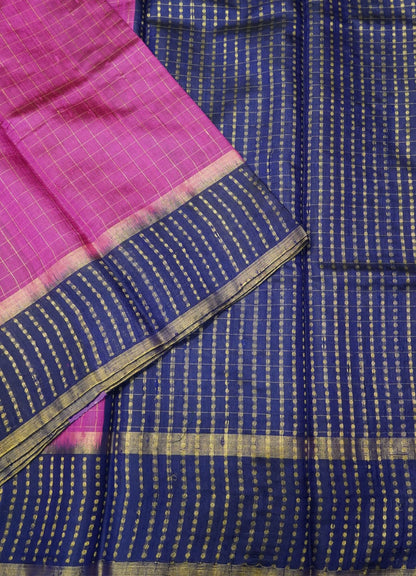 Pure Dupion Silk Saree Checks - Pink with Navy Blue border