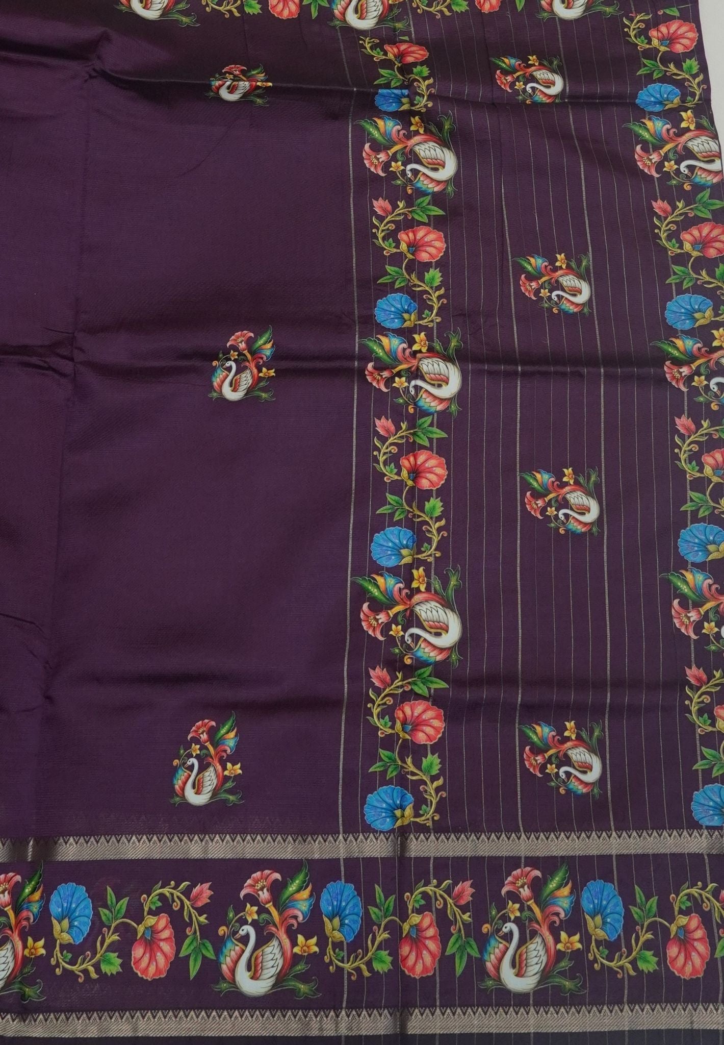 Pure Mangalgiri Silk Saree-Dark Purple in Tanjore Print with Retapet Border