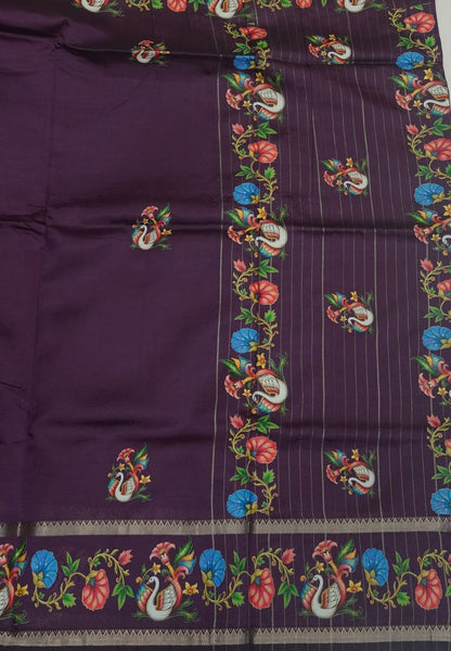 Pure Mangalgiri Silk Saree-Dark Purple in Tanjore Print with Retapet Border