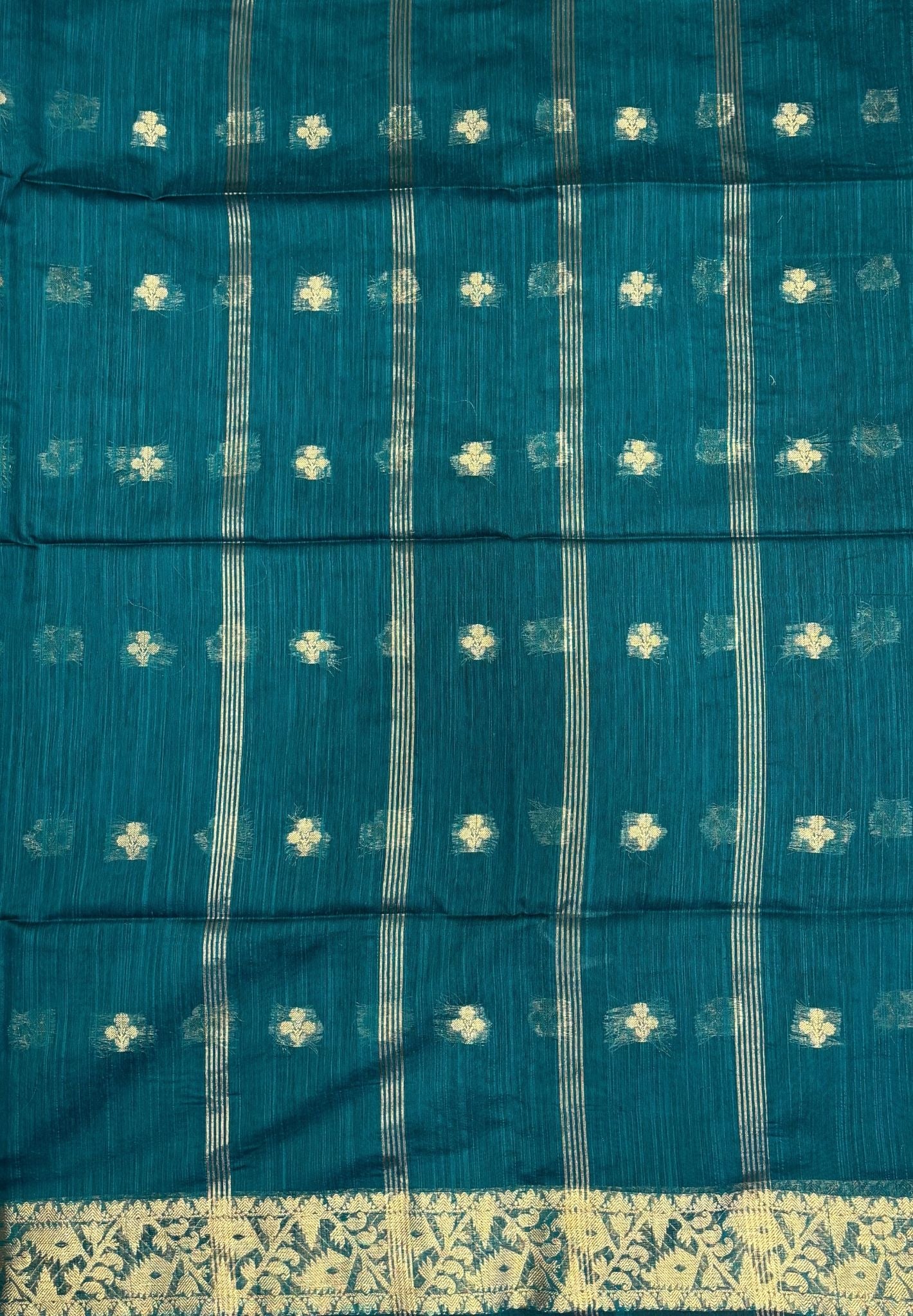 Handloom Silk Cotton Saree-Peacock Green In Floral Butta Brocade Border
