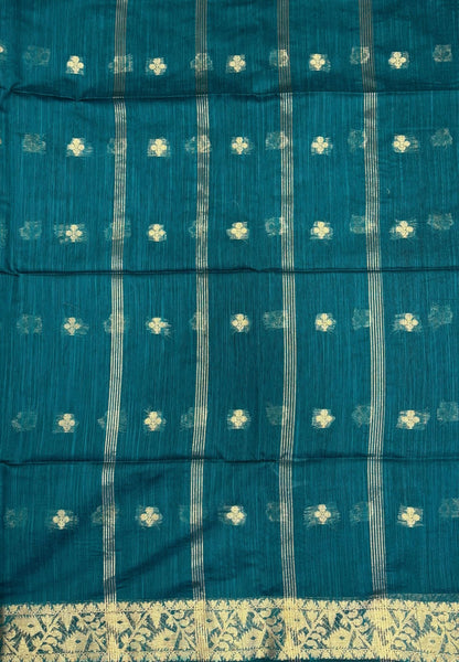 Handloom Silk Cotton Saree-Peacock Green In Floral Butta Brocade Border