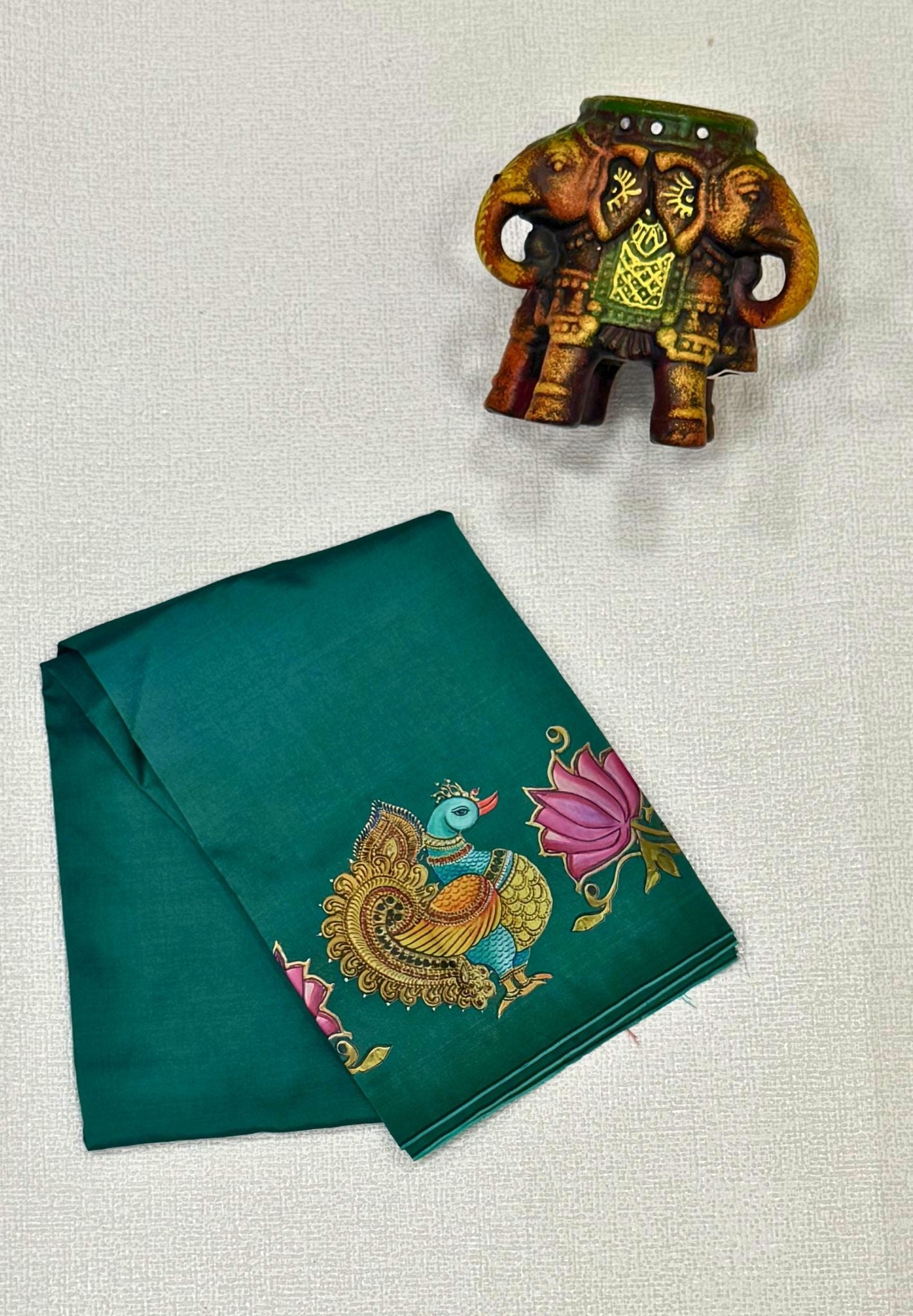 Mangalgiri Silk Blouse-Metallic Green in Tanjore Print