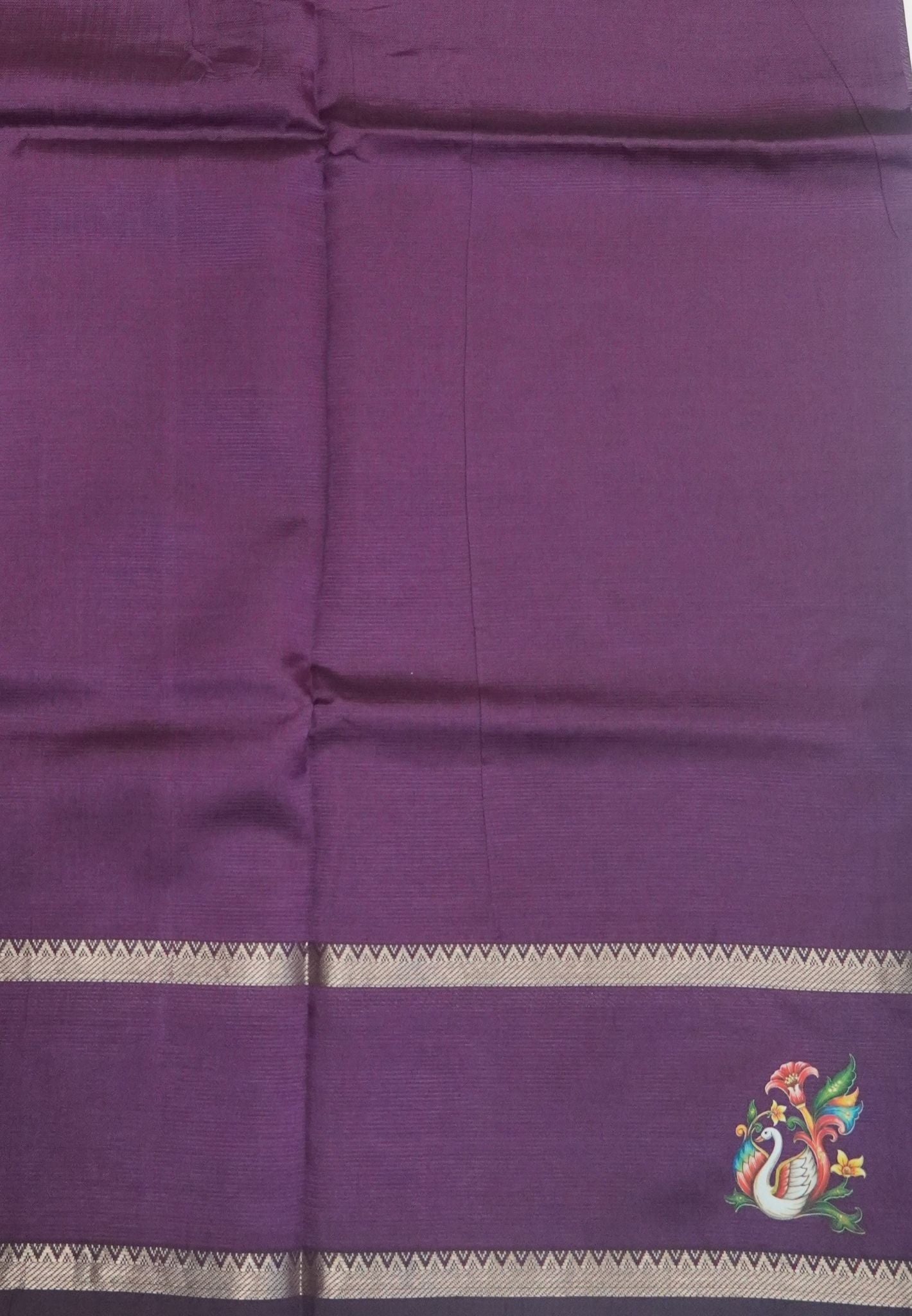 Pure Mangalgiri Silk Saree-Dark Purple in Tanjore Print with Retapet Border