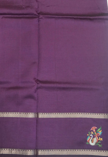 Pure Mangalgiri Silk Saree-Dark Purple in Tanjore Print with Retapet Border