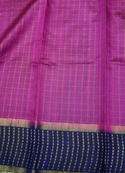 Pure Dupion Silk Saree Checks - Pink with Navy Blue border