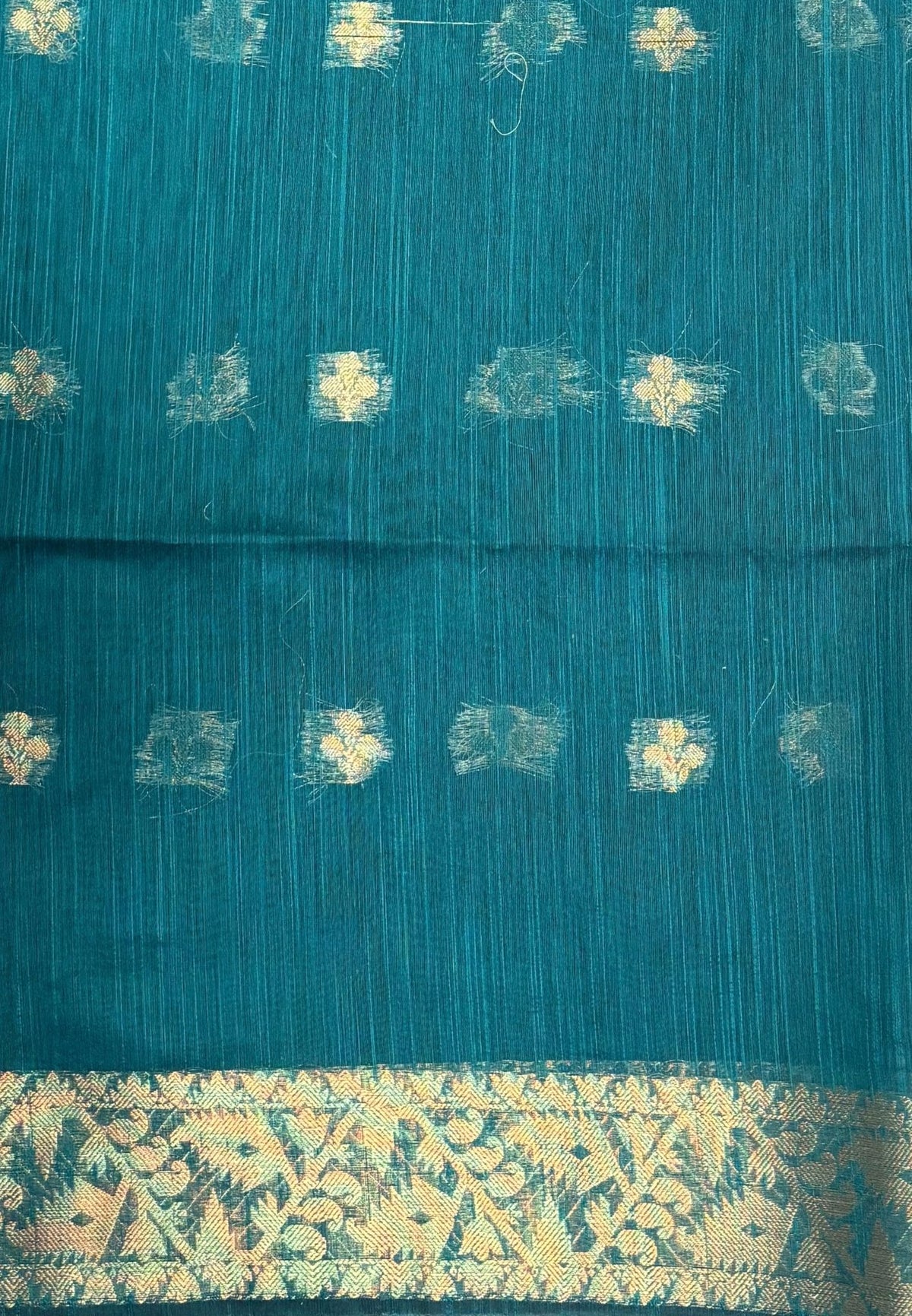 Handloom Silk Cotton Saree-Peacock Green In Floral Butta Brocade Border