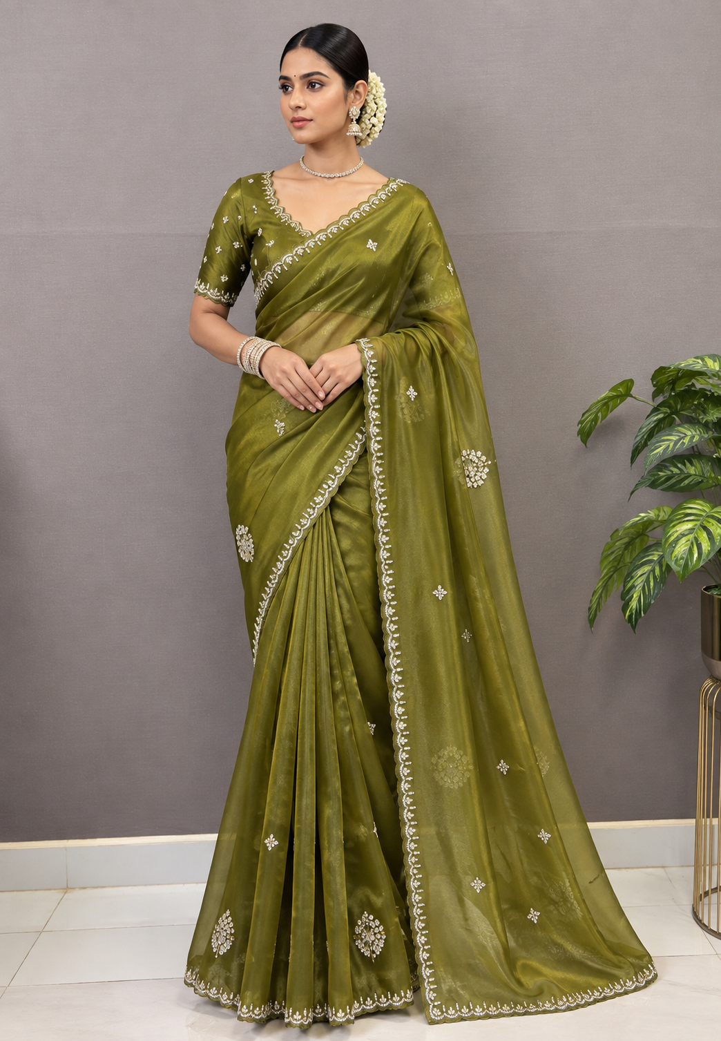Designer Saree-Olive Green