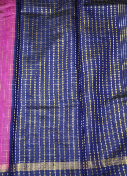 Pure Dupion Silk Saree Checks - Pink with Navy Blue border