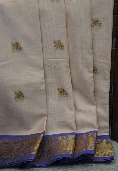 Chettinad Cotton Saree–Sand Beige with Elephant Zari Border