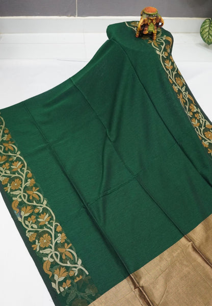 Handloom Cotton Saree-Green Floral Jamdhani Border