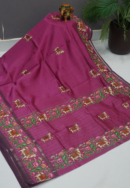 Pure Mangalgiri Silk Saree-Dusky Rose in Tanjore Print with Retapet Border