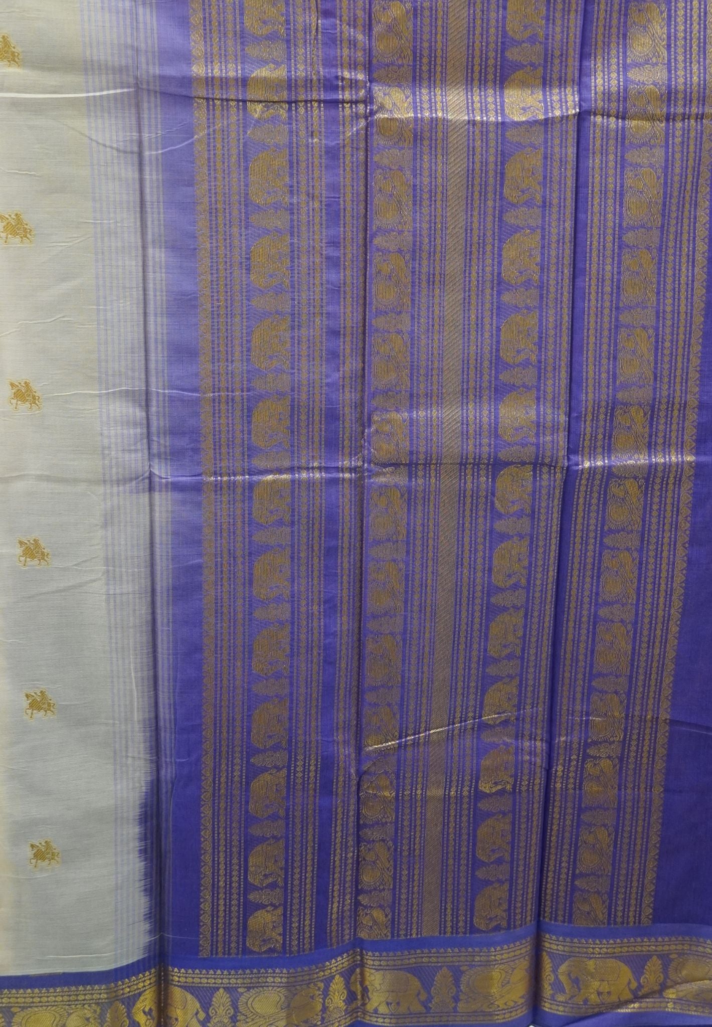 Chettinad Cotton Saree–Sand Beige with Elephant Zari Border