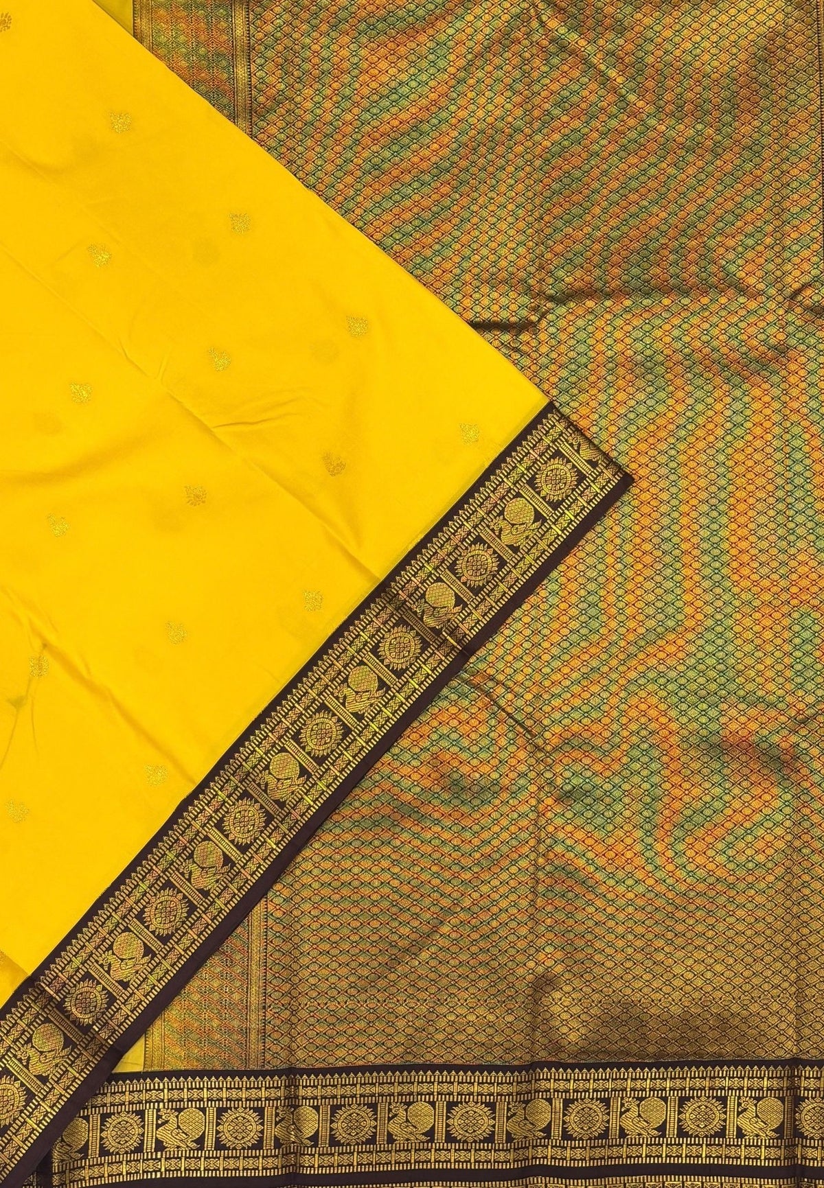 Budget Kanchipuram Saree-Yellow In Floral Zari Panel With Contrast Border