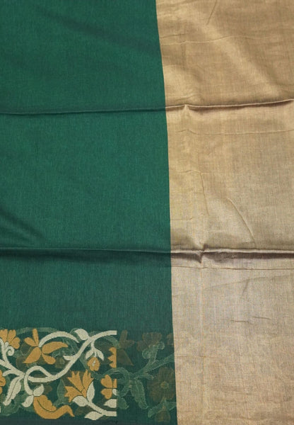 Handloom Cotton Saree-Green Floral Jamdhani Border