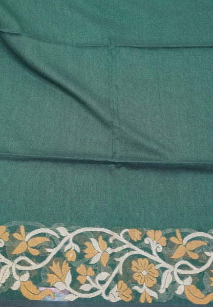 Handloom Cotton Saree-Green Floral Jamdhani Border