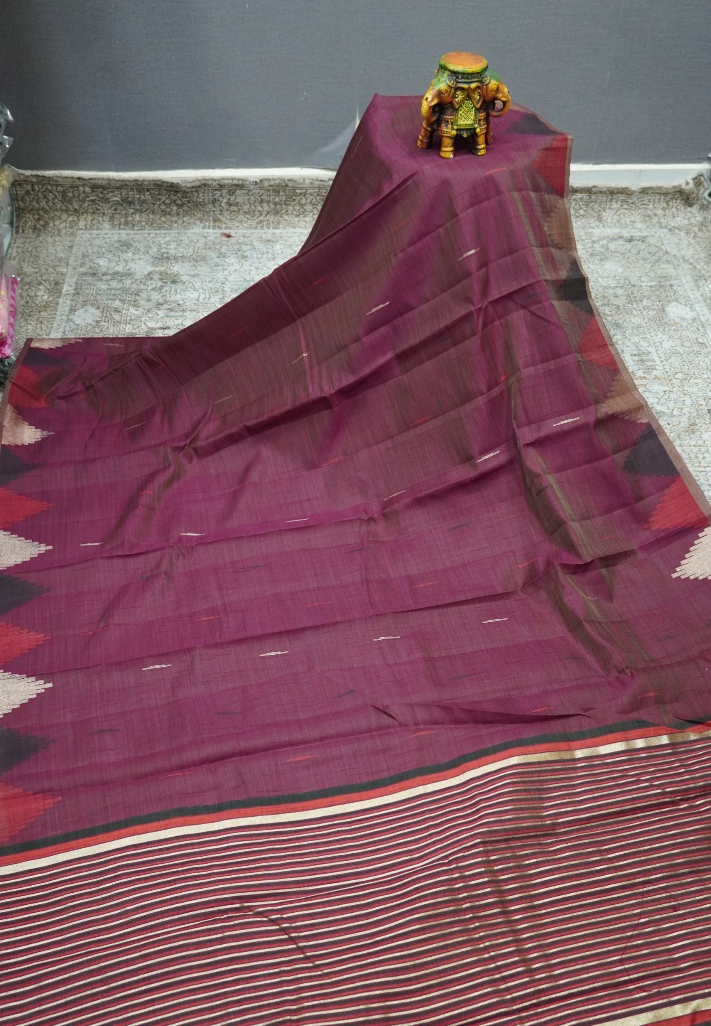 Semi Tussar Saree – Contemporary Temple Border Design – Wine