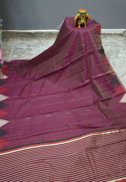 Semi Tussar Saree – Contemporary Temple Border Design – Wine