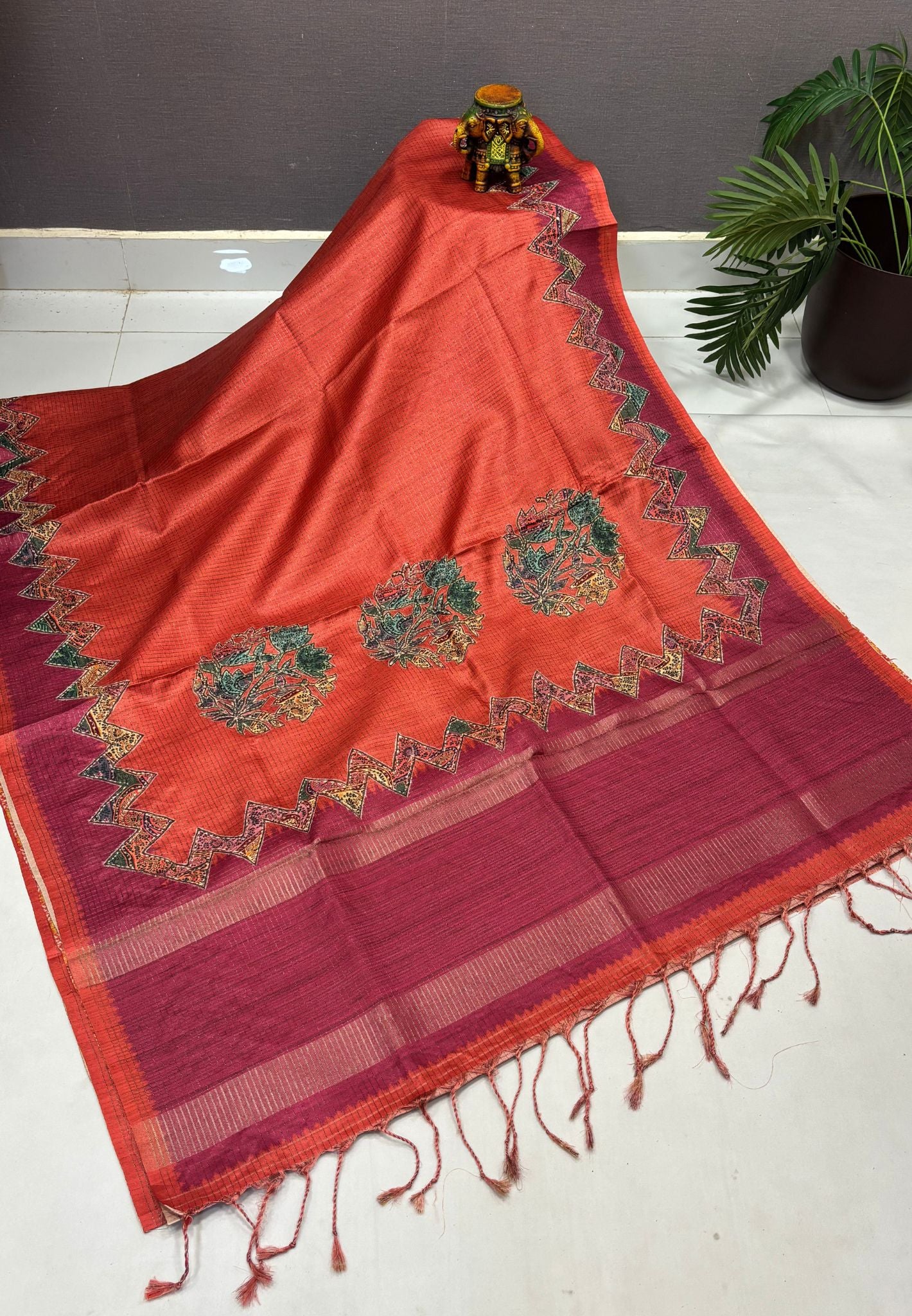 Semi Tussar Saree-Rust Orange in Zigzag Tribal Pattern Border