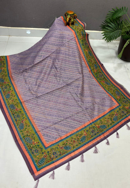 Chanderi Saree-Lavender In Peacock Floral Border