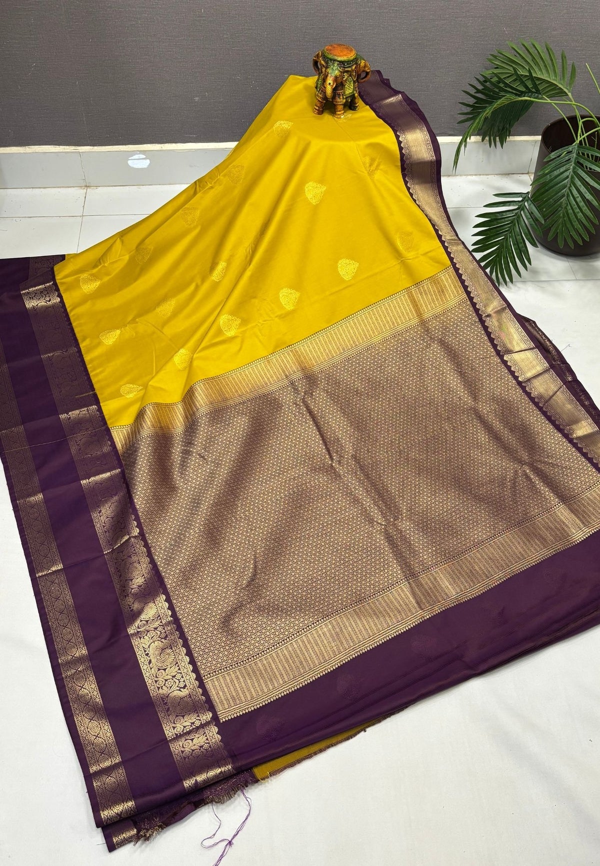 Budget Kanchipuram Saree-Mustard Yellow with Contrast Border