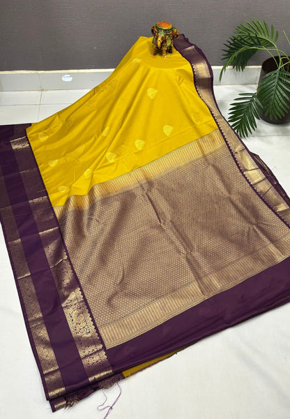 Budget Kanchipuram Saree-Mustard Yellow with Contrast Border