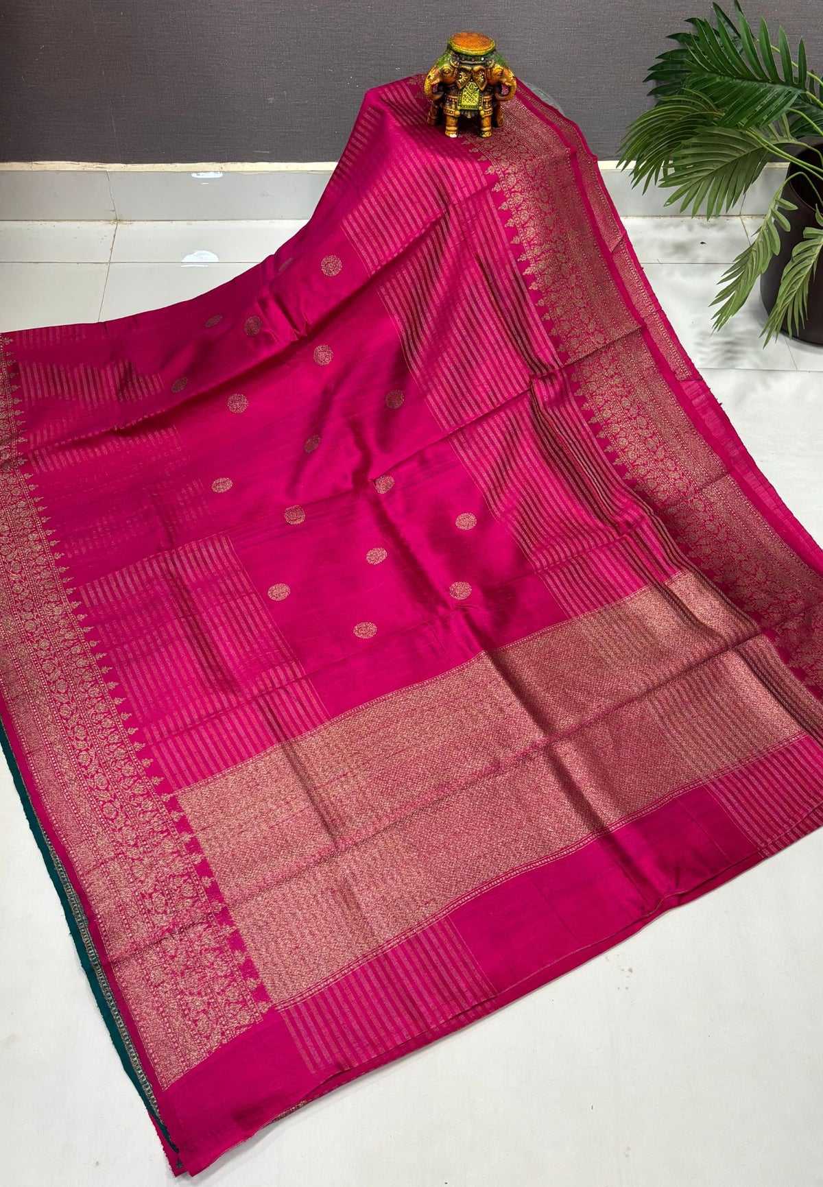 Pure Handloom Tussar Saree-Rani Pink in Traditional Floral Brocade Border