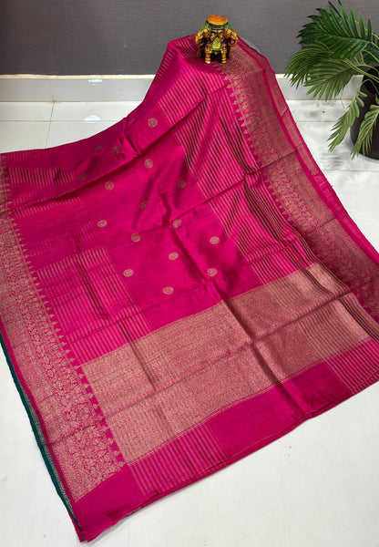 Pure Handloom Tussar Saree-Rani Pink in Traditional Floral Brocade Border