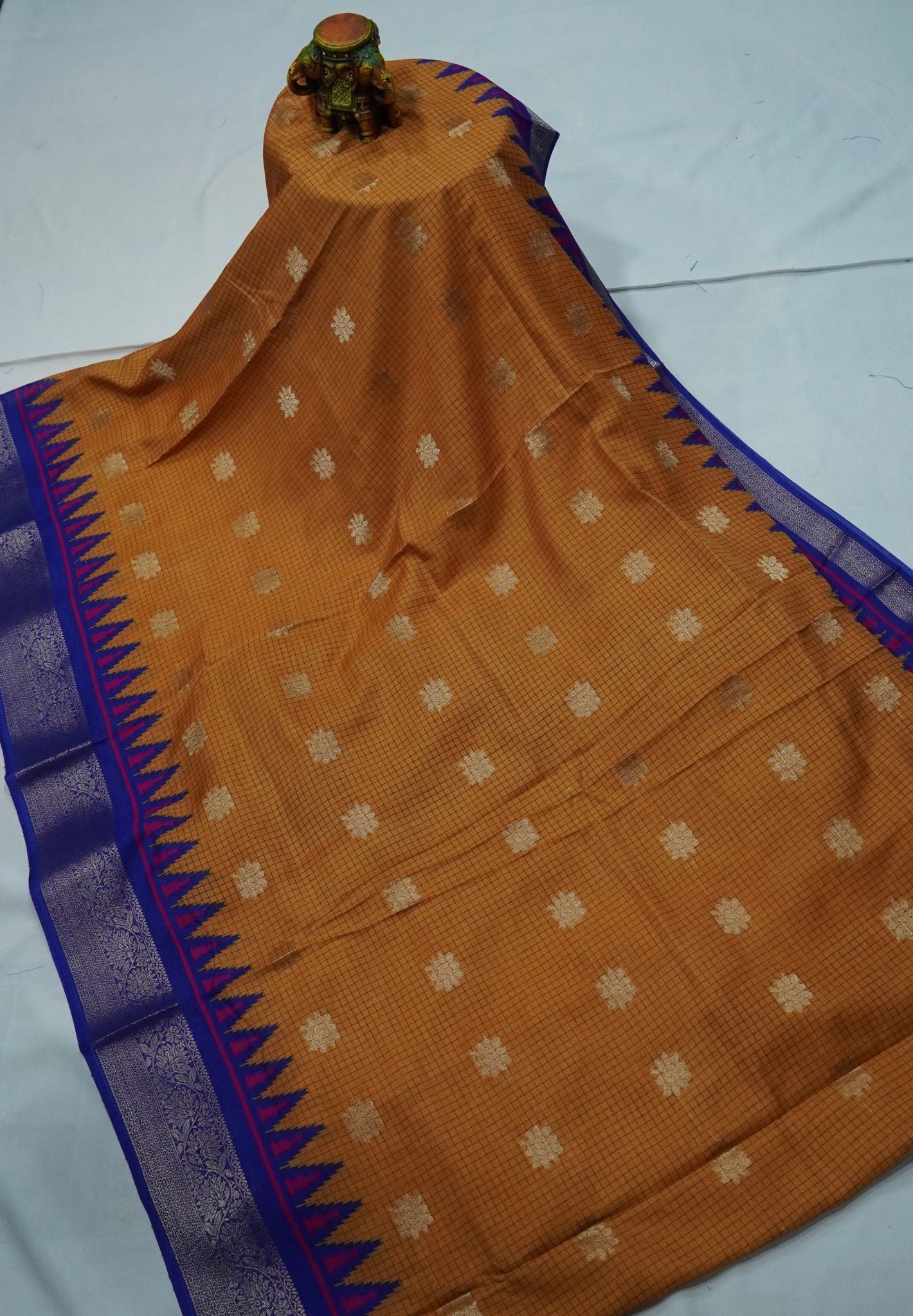 Dola Saree with Checks and Contrast Border- Mustard - Blue