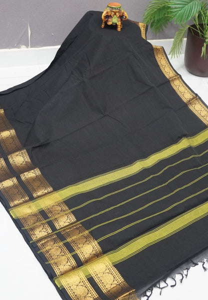 Chettinadu Cotton Saree-Black with Floral Zari Border