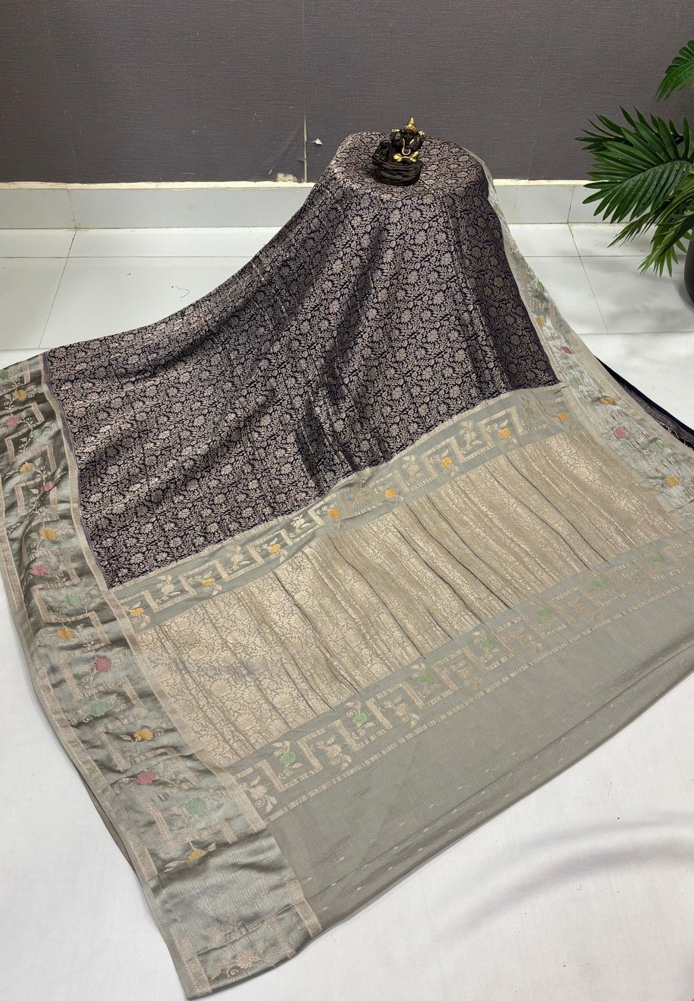 Banarasi Brocade Silk Saree-Navy Blue with Contrast Border